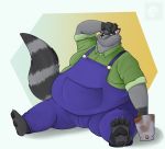  absurd_res anthro barefoot belly big_belly bodily_fluids claws clothed clothing dralffeine facial_markings farmer fur grey_fur hand_on_head head_markings hi_res hoe holding_object holding_tool male mammal markings mask_(marking) moobs obese obese_male overalls overweight overweight_male procyonid raccoon ringtail sitting smile solo sweat sweatdrop thick_thighs toe_claws tools 
