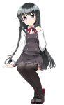  1girl asashio_(kantai_collection) bangs belt black_footwear black_hair black_legwear blue_eyes blush closed_mouth collared_shirt disconnected_mouth dress dress_shirt eyebrows_visible_through_hair full_body highres invisible_chair kantai_collection kirigakure_(kirigakure_tantei_jimusho) long_hair long_sleeves looking_at_viewer neck_ribbon pantyhose pinafore_dress red_neckwear red_ribbon ribbon rudder_footwear school_uniform shirt shoes simple_background sitting smile solo thighhighs very_long_hair white_background white_shirt 