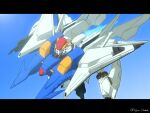  beam_rifle blue_eyes commentary_request energy_gun flying gundam gundam_hathaway&#039;s_flash lilya_(lilya_litvak) mecha mobile_suit no_humans science_fiction signature sky solo twitter_username v-fin weapon xi_gundam 