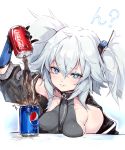  1girl absurdres blue_eyes breast_rest breasts bright_pupils coca-cola covered_collarbone girls_frontline gloves heart heart-shaped_pupils highres looking_at_viewer pa-15_(girls_frontline) parted_lips pepsi shanyao_jiang_tororo short_twintails sidelocks silver_hair small_breasts smile smirk soda solo symbol-shaped_pupils twintails upper_body weibo_username white_pupils 