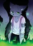  2016 5_fingers ambiguous_fluids anthro biped black_nose bottomwear cheek_tuft clothed clothing domestic_cat felid feline felis fingers fully_clothed fur glowing green_eyes grey_fur half-closed_eyes hi_res inner_ear_fluff inside jacket kemono looking_at_viewer magumomo male mammal open_mouth pants partially_submerged shirt sleeveless slime solo standing tired topwear tuft whiskers 