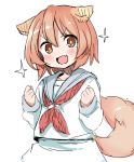  100_percent_orange_juice 1girl :d animal_ears bangs blush brown_eyes brown_hair dog_ears dog_tail done_(donezumi) eyebrows_visible_through_hair fang hair_between_eyes long_sleeves neckerchief open_mouth qp qp_shooting red_neckwear sailor_collar school_uniform serafuku shirt short_hair smile solo sparkle tail white_shirt 