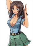  1girl aoshidan_(emblem) aoshidan_school_uniform arm_behind_head arm_up blue_eyes breasts brown_hair cleavage collarbone el_(girls_und_panzer) girls_und_panzer green_skirt highres large_breasts long_hair no_bra omachi_(slabco) partially_unbuttoned school_uniform skirt smile solo suspenders white_background 