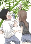  1boy 1girl absurdres bamboo brown_hair denim denim_shorts highres karakai_jouzu_no_takagi-san nishikata open_mouth shirt short_hair shorts simple_background sketch surprised takagi-san tanabata tanzaku tears translation_request white_background white_shirt yamamoto_souichirou 