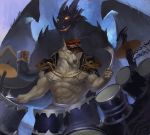 absurd_res angrytotemwolf anthro canid canine canis dragon drum drum_set eyes_closed glowing glowing_eyes hi_res kemono male mammal muscular musical_instrument navel nipples playing_music scalie western_dragon wings wolf 