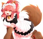  1girl :d animal_ear_fluff animal_ears apron arano_oki bangs bell bell_collar blush bow breasts brown_footwear brown_gloves cleavage collar commentary_request dress eyebrows_visible_through_hair fang fate/grand_order fate_(series) fox_ears fox_girl fox_tail frilled_dress frills gloves hair_between_eyes hair_bow high_ponytail jingle_bell large_breasts looking_at_viewer maid maid_headdress open_mouth paw_gloves paw_shoes paws pink_hair pleated_dress ponytail puffy_short_sleeves puffy_sleeves red_bow red_collar red_eyes shoes short_sleeves simple_background smile solo tail tail_raised tamamo_(fate)_(all) tamamo_cat_(fate) white_apron white_background 