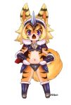  2014 anthro armor bikini_armor blonde_hair boots breasts clothed clothing cute_fangs felid female footwear hair hand_on_hip headgear helmet hit_ton_ton ineffective_armor kemono looking_at_viewer mammal navel pantherine purple_eyes simple_background small_breasts solo tiger white_background young 