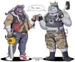  anthro beard bebop belly big_belly clothing duo facial_hair facial_piercing fist_bump gesture hair male mammal nose_piercing nose_ring piercing ponytail purple_hair rhinocerotoid rocksteady suid suina sus_(pig) teenage_mutant_ninja_turtles wanikami wild_boar 