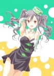  1girl :d bare_shoulders black_dress breasts brown_eyes cleavage collar commentary_request detached_collar dress dutch_angle gloves green_headwear grey_hair idolmaster idolmaster_cinderella_girls kanzaki_ranko large_breasts long_hair minasato_hibiki open_mouth outstretched_arms polka_dot_hat short_dress sleeveless sleeveless_dress smile solo tilted_headwear white_collar white_gloves 