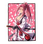  1girl absurdres baiken big_hair black_gloves breasts chain claw_(weapon) cleavage closed_mouth collarbone commentary_request facial_scar facial_tattoo feet_out_of_frame fingerless_gloves fish.boy gloves greaves guilty_gear hair_ornament highres holding holding_sword holding_weapon japanese_clothes katana kimono large_breasts long_hair long_sleeves looking_at_viewer one-eyed open_clothes open_kimono outline pink_hair ponytail red_eyes samurai sash scar scar_across_eye sheath sheathed solo standing sword tattoo weapon white_kimono white_outline 