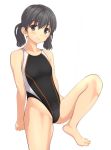  1girl barefoot black_eyes black_hair black_swimsuit breasts competition_swimsuit drill_hair looking_at_viewer low_twintails one-piece_swimsuit original parted_lips short_hair simple_background sitting small_breasts solo swimsuit takafumi twin_drills twintails white_background 