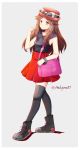  1girl ashujou bag black_legwear black_shirt blue_(pokemon) boots brown_eyes brown_hair closed_mouth collarbone cosplay eyewear_on_head full_body grey_background handbag hat highres long_hair miniskirt pink_bag pleated_skirt pokemon pokemon_(game) pokemon_frlg pokemon_xy red_headwear red_skirt serena_(pokemon) serena_(pokemon)_(cosplay) shiny_legwear shirt simple_background skirt sleeveless sleeveless_shirt smile solo standing sunglasses thighhighs twitter_username 