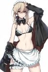  1girl anoshabu apron artoria_pendragon_(all) artoria_pendragon_(swimsuit_rider_alter) blonde_hair bow bowtie breasts breasts_apart contrapposto fate/grand_order fate_(series) garters groin hair_between_eyes hand_on_forehead jacket looking_at_viewer maid_apron navel off_shoulder partially_undressed short_hair sleeves_past_wrists small_breasts solo white_background yellow_eyes 