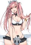  1girl anoshabu baby_penguin bare_shoulders bikini bird blush breasts cleavage commentary fate/grand_order fate_(series) holding holding_hair long_hair looking_at_viewer medb_(fate)_(all) medb_(swimsuit_saber)_(fate) medium_breasts navel penguin pink_hair sitting smile solo swimsuit thighs tiara twintails white_background 