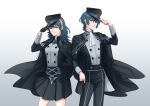  1boy 1girl absurdres aequorine bangs blue_eyes blue_hair breasts byleth byleth_(female) byleth_(male) cape dual_persona fire_emblem fire_emblem:_three_houses gloves hair_ornament hat highres jacket long_hair looking_at_viewer short_hair simple_background skirt smile uniform upper_body white_background 