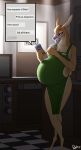  anthro apron apron_only belly big_belly breasts cervid clothing dialogue drinking ear_piercing english_text female hi_res mammal mostly_nude patch_(artist) phone piercing pregnant solo standing text 