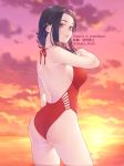  1girl ass black_eyes black_hair boku_no_hero_academia breasts casual_one-piece_swimsuit cloud commentary_request cowboy_shot dated english_text from_behind gradient_sky horizon long_hair looking_at_viewer medium_breasts mizuki_mau ocean one-piece_swimsuit outdoors ponytail red_sky red_swimsuit sky solo standing sunset swimsuit twitter_username water yaoyorozu_momo 