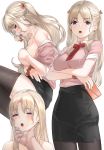  1boy 1girl :o bangs black_legwear black_skirt blonde_hair blush breasts chin_grab collared_shirt covering covering_one_breast crossed_arms eyebrows_visible_through_hair formal hair_ribbon half-closed_eyes highres holding kfr large_breasts long_hair looking_at_viewer multiple_views office_lady original pantyhose parted_bangs pencil_skirt pink_skirt purple_eyes ribbon scrunchie shirt sidelocks simple_background skirt sweat two_side_up wavy_hair white_background wrist_scrunchie 