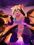  absurd_res anthro bikini clothed clothing dragon female hakkids2 hi_res horn hybrid looking_at_viewer open_mouth outside partially_submerged solo standing swimwear wet wide_hips wings 