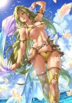  1girl animal arm_up armor bikini bikini_armor bird blue_sky bracelet breasts cameltoe cloud dated day earrings eyebrows_visible_through_hair fishnets gem green_eyes green_hair highres hoop_earrings jewelry large_breasts long_hair looking_to_the_side necklace ocean open_mouth original petals ryou_(pix_gallerio) signature sky solo standing stomach sun sunlight swimsuit thighhighs tiara upper_teeth very_long_hair yellow_bikini 