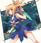  1girl blonde_hair blue_eyes blue_skirt breasts cleavage copyright_name dated dr._stone dual_wielding holding holding_knife knife kohaku_(dr._stone) kuma_yuu looking_at_viewer medium_breasts outdoors rope sidelocks skirt solo spiked_hair standing tree 