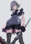  1boy alternate_costume apron blood bloody_weapon bob_cut crossdressing enmaided frills gloves half_gloves hammer lio_fotia maid maid_apron maid_headdress male_focus promare puffy_short_sleeves puffy_sleeves purple_eyes shirikon short_sleeves solo thighhighs waist_apron weapon 