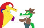  alligator alligatorid anthro blaster_(jollyville) clothed clothing cregon crocodile crocodilian crocodylid duo fedora fully_clothed gesture handshake hat headgear headwear hi_res jollyville male muscular reptile scalie smile 