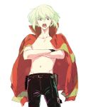  1boy black_gloves blonde_hair chest earrings gloves green_hair half_gloves jacket jewelry lio_fotia looking_at_viewer male_focus navel open_mouth prmaren1 promare purple_eyes simple_background solo white_background 