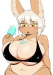  anthro berseepon09 big_breasts bikini breasts brown_fur cleavage clothed clothing female food fur hair hi_res huge_breasts lagomorph leporid long_ears made_in_abyss mammal multicolored_fur nanachi narehate navel nipple_outline open_mouth popsicle rabbit simple_background skimpy slightly_chubby solo standing swimwear tan_fur two_tone_fur voluptuous white_background white_hair wide_hips yellow_eyes 