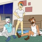  1:1 anthro anthrofied barefoot bottomwear boxers_(clothing) briefs bulge clothed clothing cyndaquil fuze group hi_res male night nintendo oshawott pants pok&eacute;mon pok&eacute;mon_(species) ricky_(fuze) rockruff shirt sitting sofa standing t-shirt tank_top tighty_whities topless topwear underwear video_games 