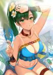  1girl absurdres arm_up ball bangs bare_shoulders beachball bikini blue_bikini blush breasts cleavage collarbone cup day drinking_glass drinking_straw earrings eyebrows_visible_through_hair fan fire_emblem flower green_eyes green_hair groin hair_between_eyes hair_flower hair_ornament highres holding jewelry large_breasts lips looking_at_viewer lyn_(fire_emblem) navel ormille outdoors paper_fan parted_lips ponytail sitting smile solo stomach sunlight swimsuit tan tanline teeth thigh_strap 