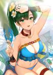 1girl absurdres arm_up bikini blue_bikini blush breasts cleavage collarbone earrings eyebrows_visible_through_hair fan fire_emblem flower green_eyes green_hair groin hair_between_eyes hair_flower hair_ornament highres holding jewelry large_breasts looking_at_viewer lyn_(fire_emblem) navel necklace open_mouth ormille paper_fan ponytail sitting smile solo stomach sweat sweatdrop swimsuit thigh_strap 