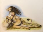  2019 4_toes 5_fingers anthro felid female fingers fur grass lion mammal nude pantherine solo tan_fur teiirka toes traditional_media_(artwork) 