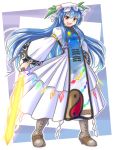  1girl alternate_costume blue_hair boots cross-laced_footwear dress food frills fruit hat hinanawi_tenshi leaf long_hair long_sleeves mail_(mail_gell) mob_cap peach rainbow_order red_eyes shide sword sword_of_hisou tabard touhou trigram weapon white_dress wide_sleeves yin_yang 