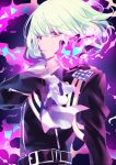  1boy belt black_gloves black_jacket blonde_hair cravat earrings fire gloves green_hair half_gloves highres jacket jewelry lio_fotia looking_at_viewer male_focus promare purple_eyes simple_background solo user_hzep4533 