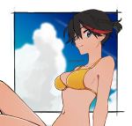  1girl alternate_hairstyle bangs bikini black_border black_hair blue_eyes blue_sky blurry blurry_background border braid breasts closed_mouth cloud cloudy_sky commentary crown_braid day depth_of_field hair_up kill_la_kill looking_at_viewer matoi_ryuuko medium_breasts mittsun multicolored_hair navel outside_border short_ponytail sitting sky smile solo streaked_hair swimsuit symbol_commentary two-tone_hair yellow_bikini 