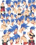  1boy back black_gloves blue_eyes blue_hair chest crossed_arms expressions galo_thymos gloves hand_on_hip highres jacket male_focus multiple_views open_mouth pro_ur_sumi promare shirtless smile spiked_hair underwear 