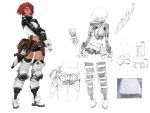  1girl belt belt_pouch breasts brown_eyes gloves highres hunting_era knife long_sleeves midriff multiple_views padded_armor padded_gloves pouch red_hair sangsoo_jeong sheath short_hair short_shorts shorts simple_background sketch small_breasts standing thighhighs white_background white_footwear white_gloves 