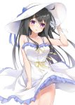  1girl arm_up bangs bare_arms bare_shoulders black_hair blue_bow blush bow breasts cannian_dada character_request commentary_request dress eyebrows_visible_through_hair frilled_dress frills hair_between_eyes hand_on_headwear hat hat_bow head_tilt highres long_hair looking_at_viewer medium_breasts minori parted_lips purple_eyes ribbon simple_background sleeveless sleeveless_dress solo sun_hat very_long_hair white_background white_dress white_headwear yellow_ribbon 