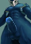  2019 abs altair_(katabreak) android balls blue_skin blush bodily_fluids genital_fluids humanoid jaws katabreak looking_down low-angle_view machine male mask monster muscular muscular_male obliques pecs penis precum robot solo sweat vein veiny_penis wire 