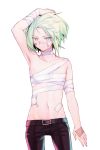  1boy bandages blonde_hair earrings green_hair highres injury jewelry lio_fotia looking_at_viewer male_focus navel promare purple_eyes sarashi shii_(luochen_xi) simple_background smile solo white_background 