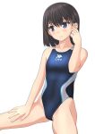  1girl black_hair blue_eyes blue_swimsuit breasts competition_swimsuit cowboy_shot hand_on_own_thigh light_smile logo looking_away low_twintails one-piece_swimsuit original short_hair simple_background sitting small_breasts solo swimsuit takafumi twintails white_background 
