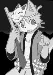  5_fingers anthro bandage biped black_background cheek_tuft chest_tuft clothed clothing cub domestic_cat felid feline felis fingers fur gesture grey_background greyscale grin gun hi_res holding_object holding_weapon japanese_clothing kemono magumomo male mammal mask monochrome open_shirt pointing pointing_at_viewer ranged_weapon rifle simple_background smile solo teeth threatening tuft weapon whiskers young 