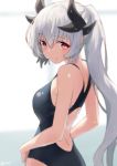  1girl backless_outfit bare_arms bare_shoulders black_swimsuit blurry blurry_background blush breasts closed_mouth commentary_request depth_of_field dragon_horns fate/grand_order fate_(series) highres horns jonsun kiyohime_(fate/grand_order) long_hair looking_at_viewer looking_back medium_breasts ponytail red_eyes silver_hair smile solo swimsuit very_long_hair wet 