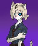  2017 anthro black_sclera blonde_hair blue_eyes clothed clothing felid female fur hair hi_res mammal pantherine purple_background shirt shurueder simple_background snow_leopard solo topwear whiskers white_fur 
