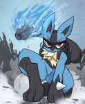  3_fingers ambiguous_gender angry aura biped canid canine digital_media_(artwork) feral fingers fire hi_res kneeling looking_at_viewer loppifi lucario mammal nintendo open_mouth pok&eacute;mon pok&eacute;mon_(species) punch red_eyes smoke solo video_games 