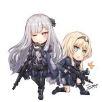  /\/\/\ 2girls ;) ak-12 ak-12_(girls_frontline) an-94 an-94_(girls_frontline) assault_rifle bangs black_footwear black_gloves black_legwear black_ribbon black_shorts blonde_hair blue_gloves blue_jacket blush boots braid chibi closed_mouth commentary dated eyebrows_visible_through_hair girls_frontline gloves green_eyes grey_hair gun hair_ribbon hand_up holding holding_gun holding_weapon jacket kneehighs legwear_under_shorts long_hair multiple_girls object_namesake one_eye_closed one_knee pantyhose parted_lips partly_fingerless_gloves purple_footwear red_eyes ribbon rifle shoes short_shorts shorts signature simple_background smile tama_yu thumbs_up very_long_hair weapon white_background 