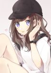  1girl :p absurdres bangs baseball_cap black_headwear blue_shorts brown_background brown_hair closed_mouth clothes_writing commentary ear_piercing earrings eyebrows_visible_through_hair hachimitsu_honey hand_up hat heart highres jewelry long_hair looking_at_viewer original piercing purple_eyes shirt short_shorts short_sleeves shorts simple_background sitting smile solo symbol_commentary tongue tongue_out watch white_shirt wide_sleeves wristwatch 