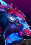  abs absurd_res anthro belt clothed clothing female hair hakkids2 hi_res looking_at_viewer marine open_jacket simple_background smile solo undertale undyne video_games 