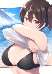  1girl absurdres bare_shoulders beach bikini black_bikini blush breasts brown_eyes brown_hair cleavage commentary_request covered_mouth day dyson_(edaokunnsaikouya) glint hair_between_eyes highres kaga_(kantai_collection) kantai_collection large_breasts lifted_by_self looking_at_viewer outdoors outside_border revision shiny shiny_hair shirt shirt_lift side_ponytail solo strap_gap swimsuit undressing upper_body white_shirt 